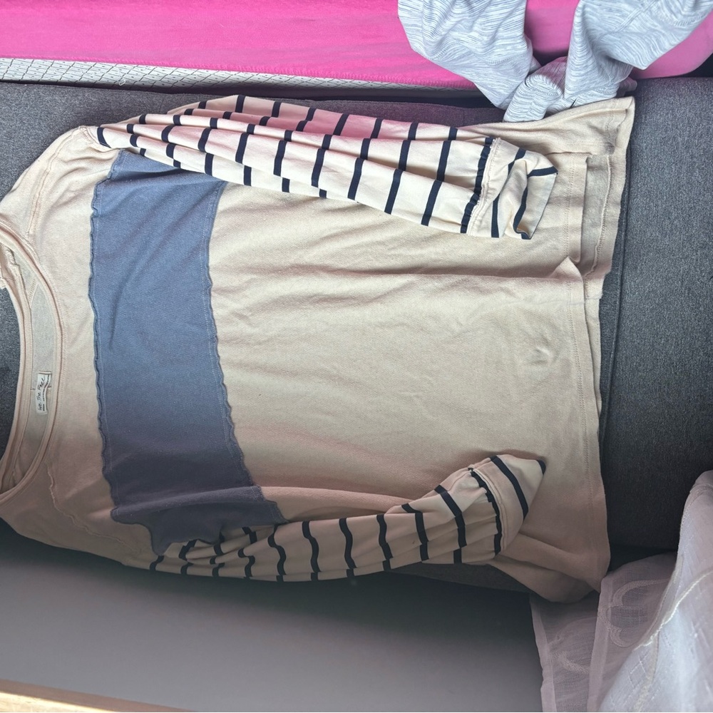 Free People Striped Beige and Blue Long Sleeve Shirt